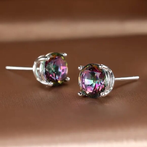 NEW giftable 925 sterling silver mystic topaz 7mm stud earrings - Picture 3 of 4